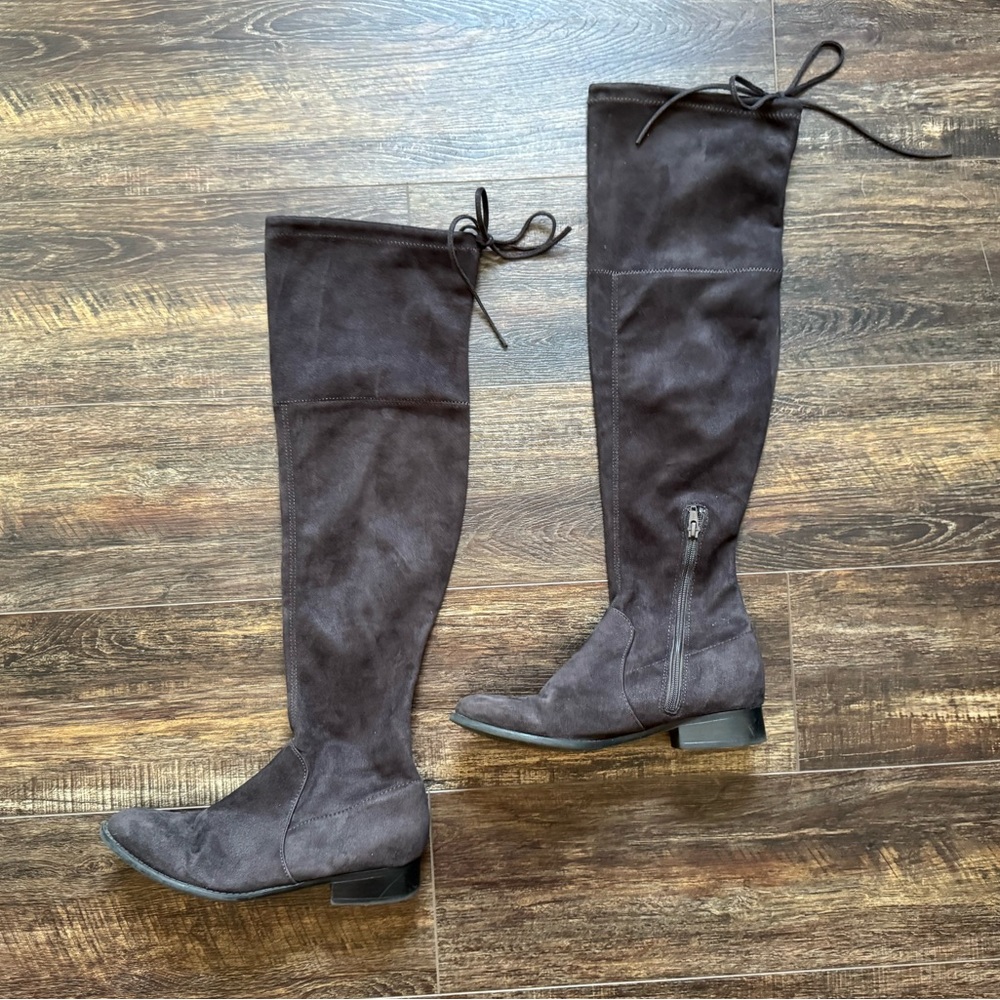 Gray Over-the-Knee Suede Boots Size 9 | Lace Back Flat Tall Boots